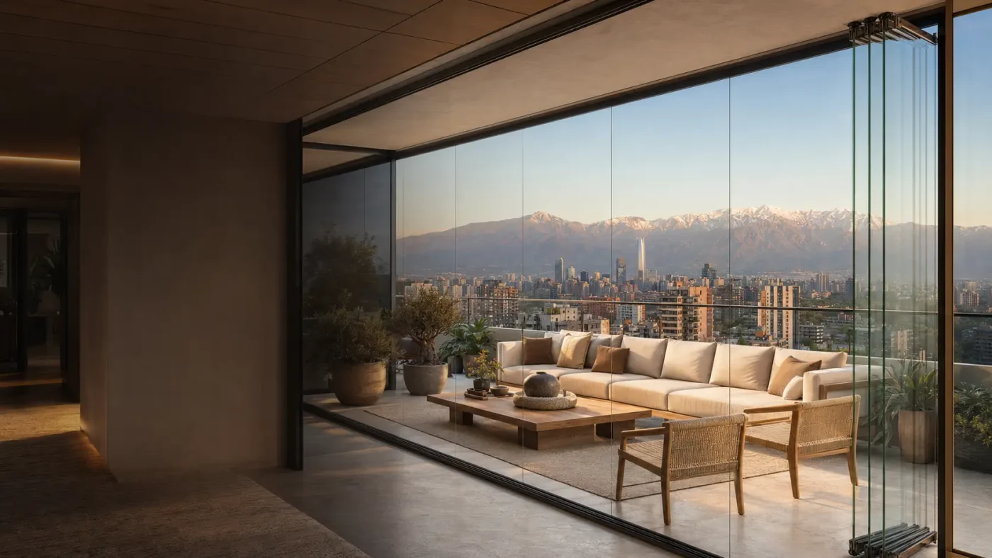 Terraza cerrada con cortinas de cristal en Santiago